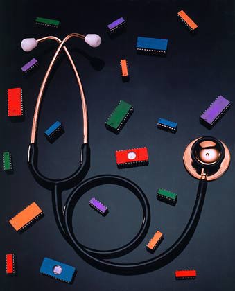 photo of computer chips and a stethoscope